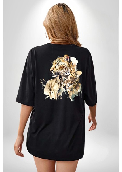 Tarz Leopar Ceketli Çizim Kadın Erkek Ön Minimal Sırt Baskılı Siyah Pamuklu Tişört indirimleri