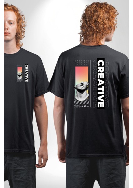 Yaratıcı Yunan Heykeli Kadın Erkek Ön Minimal Sırt Baskılı Siyah Pamuklu Tişört