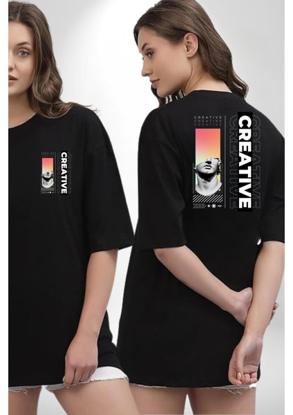 Yaratıcı Yunan Heykeli Kadın Erkek Ön Minimal Sırt Baskılı Siyah Pamuklu Tişört fırsatları