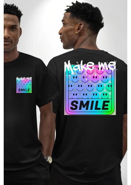 Beni Gülümset Kaset Kadın Erkek Ön Minimal Sırt Baskılı Siyah Pamuklu Tişört