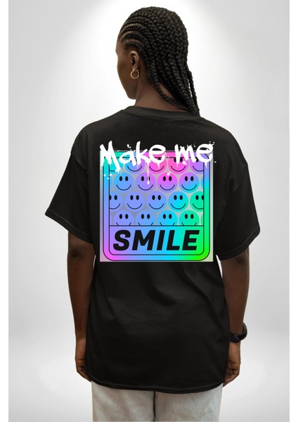 Beni Gülümset Kaset Kadın Erkek Ön Minimal Sırt Baskılı Siyah Pamuklu Tişört fiyatları