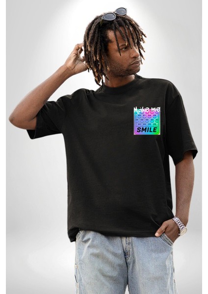 Beni Gülümset Kaset Kadın Erkek Ön Minimal Sırt Baskılı Siyah Pamuklu Tişört modelleri
