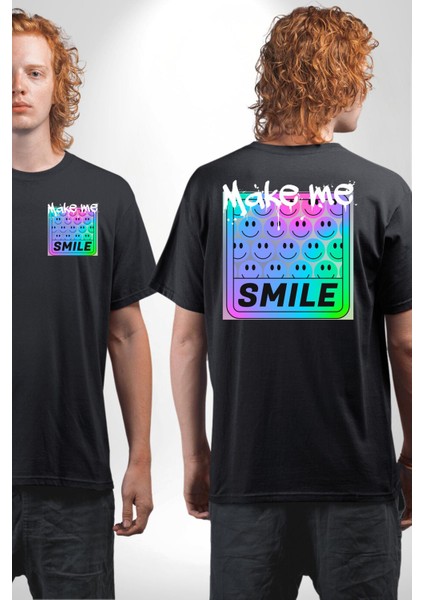 Beni Gülümset Kaset Kadın Erkek Ön Minimal Sırt Baskılı Siyah Pamuklu Tişört fırsatları