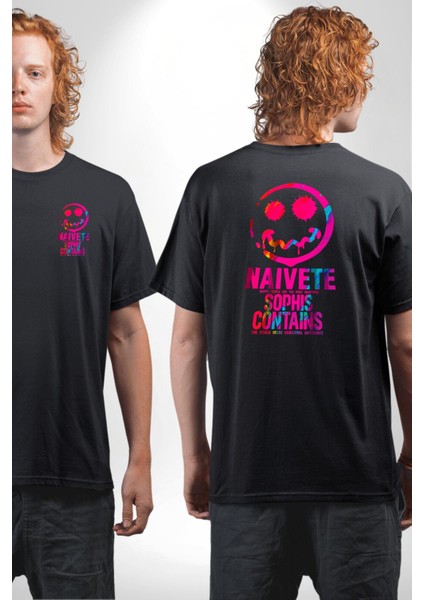 Gülen Rengarenk Surat Kadın Erkek Ön Minimal Sırt Baskılı Siyah Pamuklu Tişört