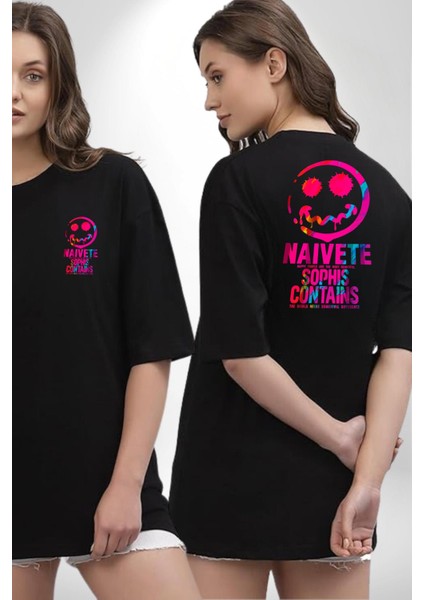 Gülen Rengarenk Surat Kadın Erkek Ön Minimal Sırt Baskılı Siyah Pamuklu Tişört fırsatları