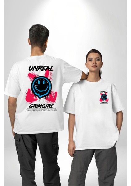 Gerçek Değil Gülen Surat Gift Kadın Erkek Ön Minimal Sırt Baskılı Beyaz Pamuklu Tişört