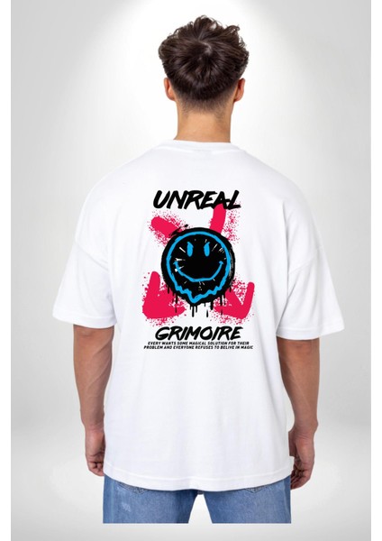 Gerçek Değil Gülen Surat Gift Kadın Erkek Ön Minimal Sırt Baskılı Beyaz Pamuklu Tişört fiyatları