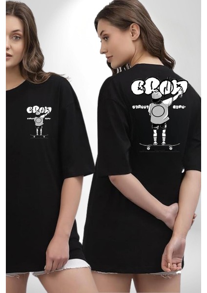 Sokak Yaşamı Kaykaylı Çocuk Grafiti Kadın Erkek Ön Minimal Sırt Baskılı Siyah Pamuklu Tişört fırsatları