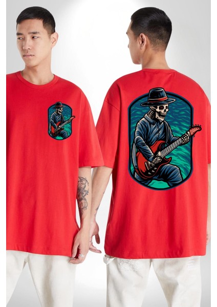 Gitarist Kurukafa Şapkalı Havalı Kadın Erkek Ön Minimal Sırt Baskılı Kırmızı Pamuklu Tişört fırsatları