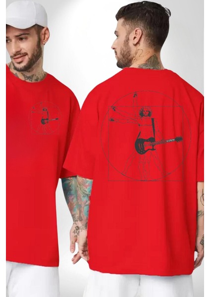 Vitruvius Adamı Gitarist Kadın Erkek Ön Minimal Sırt Baskılı Kırmızı Pamuklu Tişört fırsatları