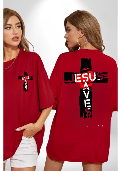 Jesus Saves Hristiyan Haç Kadın Erkek Ön Minimal Sırt Baskılı Kırmızı Pamuklu Tişört