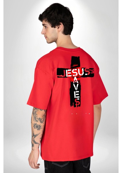 Jesus Saves Hristiyan Haç Kadın Erkek Ön Minimal Sırt Baskılı Kırmızı Pamuklu Tişört fiyatları