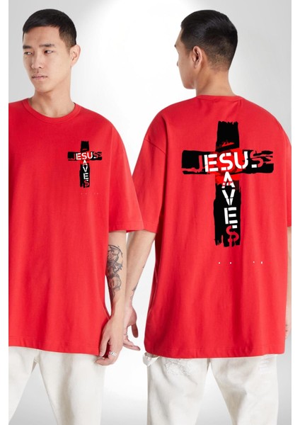 Jesus Saves Hristiyan Haç Kadın Erkek Ön Minimal Sırt Baskılı Kırmızı Pamuklu Tişört fırsatları