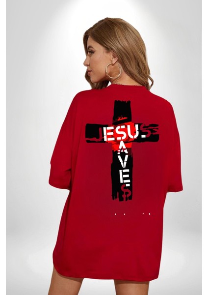 Jesus Saves Hristiyan Haç Kadın Erkek Ön Minimal Sırt Baskılı Kırmızı Pamuklu Tişört indirimleri
