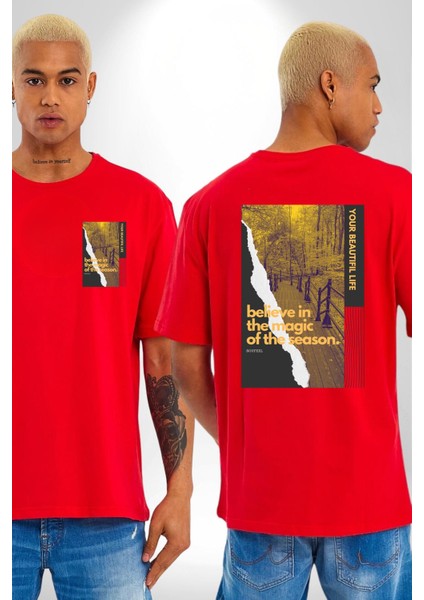 Sezonun Büyüsüne Inanın Kadın Erkek Ön Minimal Sırt Baskılı Kırmızı Pamuklu Tişört