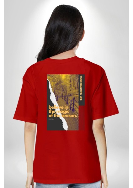 Sezonun Büyüsüne Inanın Kadın Erkek Ön Minimal Sırt Baskılı Kırmızı Pamuklu Tişört fiyatları
