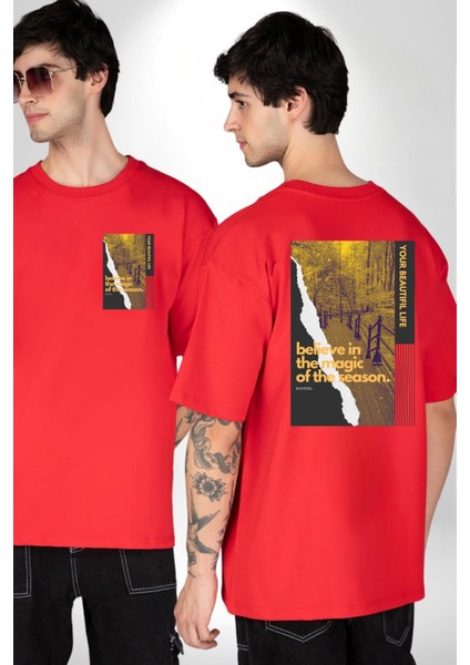 Sezonun Büyüsüne Inanın Kadın Erkek Ön Minimal Sırt Baskılı Kırmızı Pamuklu Tişört fırsatları