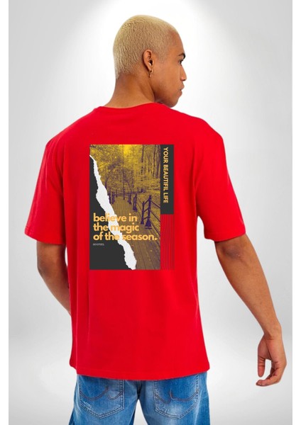 Sezonun Büyüsüne Inanın Kadın Erkek Ön Minimal Sırt Baskılı Kırmızı Pamuklu Tişört indirimleri