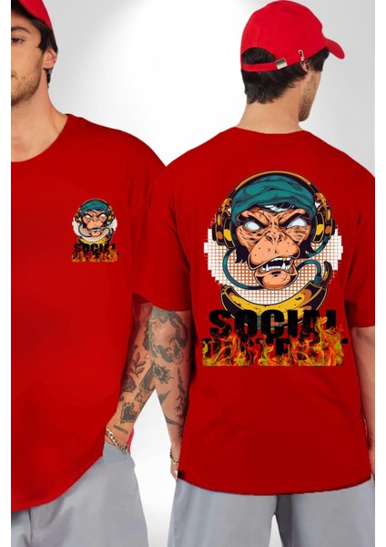 Sosyal Çılgın Dj Maymun Kadın Erkek Ön Minimal Sırt Baskılı Kırmızı Pamuklu Tişört