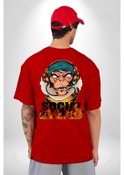 Sosyal Çılgın Dj Maymun Kadın Erkek Ön Minimal Sırt Baskılı Kırmızı Pamuklu Tişört fiyatları