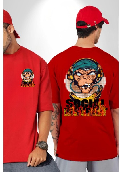 Sosyal Çılgın Dj Maymun Kadın Erkek Ön Minimal Sırt Baskılı Kırmızı Pamuklu Tişört fırsatları