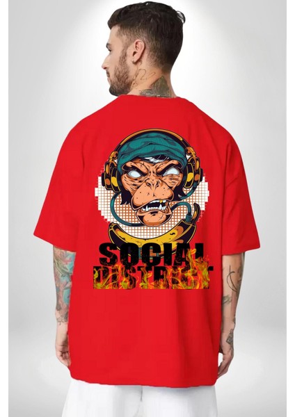 Sosyal Çılgın Dj Maymun Kadın Erkek Ön Minimal Sırt Baskılı Kırmızı Pamuklu Tişört indirimleri