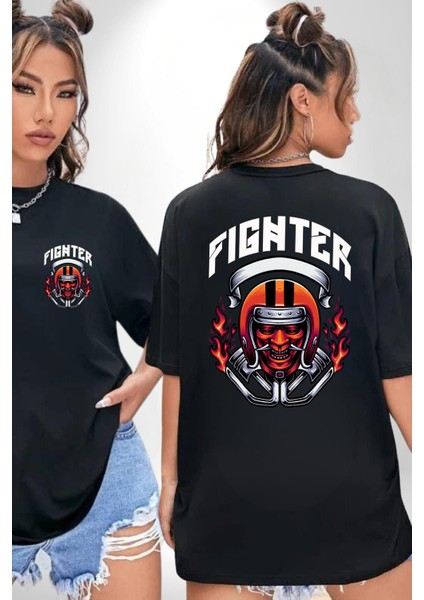 Dövüşçü Kurukafa Pilot Kasklı Kadın Erkek Ön Minimal Sırt Baskılı Siyah Pamuklu Tişört