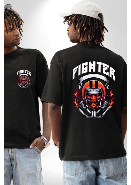 Dövüşçü Kurukafa Pilot Kasklı Kadın Erkek Ön Minimal Sırt Baskılı Siyah Pamuklu Tişört fırsatları
