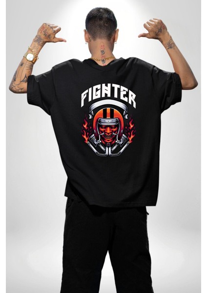 Dövüşçü Kurukafa Pilot Kasklı Kadın Erkek Ön Minimal Sırt Baskılı Siyah Pamuklu Tişört indirimleri