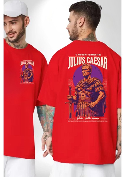 Julius Caesar Roma Diktatör Komutan Kadın Erkek Ön Minimal Sırt Baskılı Kırmızı Pamuklu Tişört