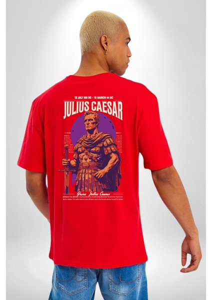 Julius Caesar Roma Diktatör Komutan Kadın Erkek Ön Minimal Sırt Baskılı Kırmızı Pamuklu Tişört