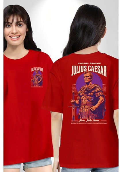 Julius Caesar Roma Diktatör Komutan Kadın Erkek Ön Minimal Sırt Baskılı Kırmızı Pamuklu Tişört