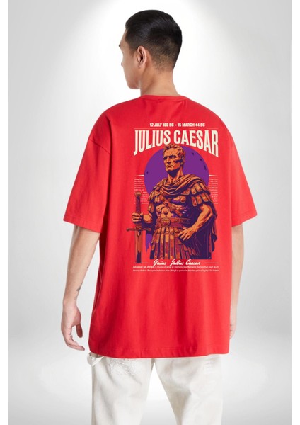 Julius Caesar Roma Diktatör Komutan Kadın Erkek Ön Minimal Sırt Baskılı Kırmızı Pamuklu Tişört