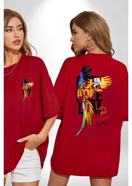 Doğuştan Özgürlük Papağan Yaz Stili Kadın Erkek Ön Minimal Sırt Baskılı Kırmızı Pamuklu Tişört