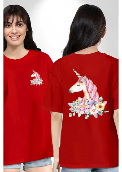 Çiçekler Içinde Unicorn Kadın Erkek Ön Minimal Sırt Baskılı Kırmızı Pamuklu Tişört