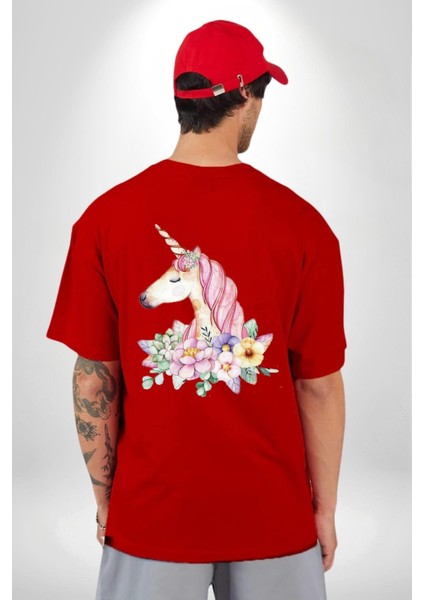 Çiçekler Içinde Unicorn Kadın Erkek Ön Minimal Sırt Baskılı Kırmızı Pamuklu Tişört