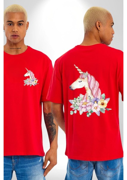 Çiçekler Içinde Unicorn Kadın Erkek Ön Minimal Sırt Baskılı Kırmızı Pamuklu Tişört