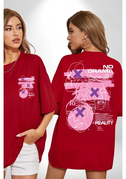 Drama Yok Sadece Gerçeklik Kadın Erkek Ön Minimal Sırt Baskılı Kırmızı Pamuklu Tişört