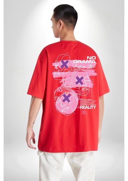 Drama Yok Sadece Gerçeklik Kadın Erkek Ön Minimal Sırt Baskılı Kırmızı Pamuklu Tişört fiyatları