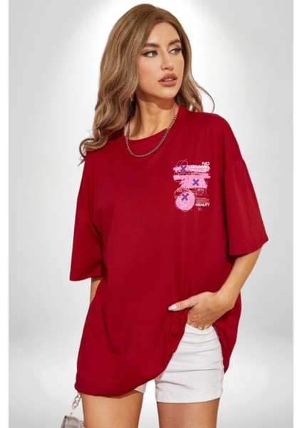 Drama Yok Sadece Gerçeklik Kadın Erkek Ön Minimal Sırt Baskılı Kırmızı Pamuklu Tişört modelleri