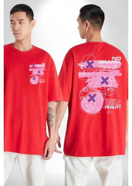 Drama Yok Sadece Gerçeklik Kadın Erkek Ön Minimal Sırt Baskılı Kırmızı Pamuklu Tişört fırsatları