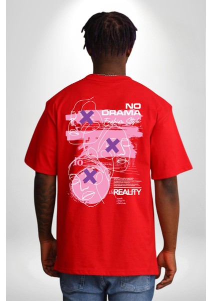 Drama Yok Sadece Gerçeklik Kadın Erkek Ön Minimal Sırt Baskılı Kırmızı Pamuklu Tişört indirimleri