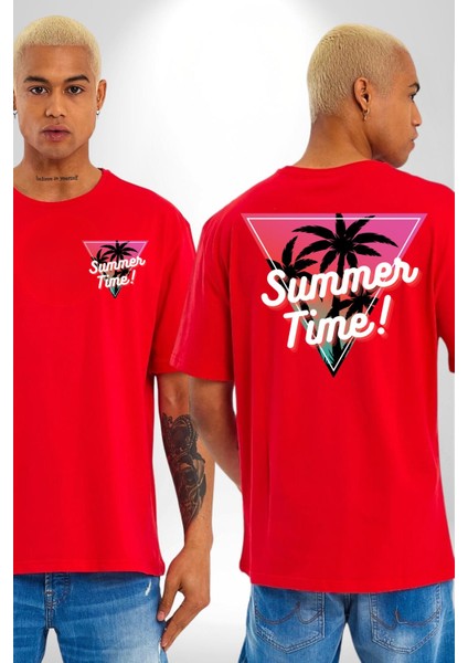 Yaz Zamanı Retro Palmiye Ağaçları Kadın Erkek Ön Minimal Sırt Baskılı Kırmızı Pamuklu Tişört