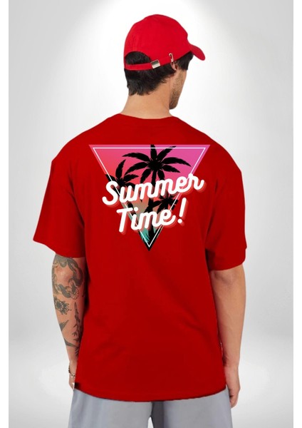Yaz Zamanı Retro Palmiye Ağaçları Kadın Erkek Ön Minimal Sırt Baskılı Kırmızı Pamuklu Tişört fiyatları