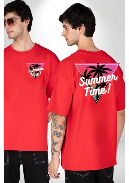 Yaz Zamanı Retro Palmiye Ağaçları Kadın Erkek Ön Minimal Sırt Baskılı Kırmızı Pamuklu Tişört fırsatları