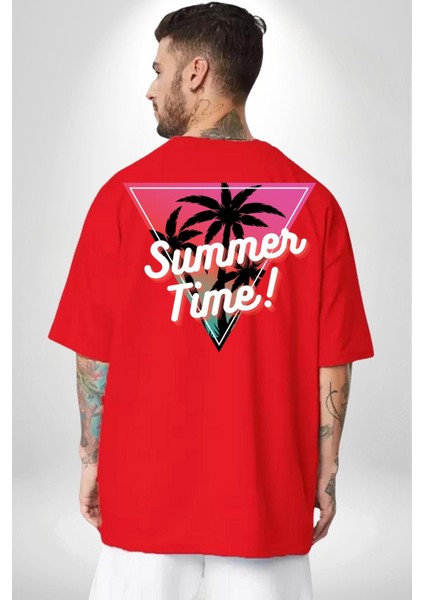 Yaz Zamanı Retro Palmiye Ağaçları Kadın Erkek Ön Minimal Sırt Baskılı Kırmızı Pamuklu Tişört indirimleri