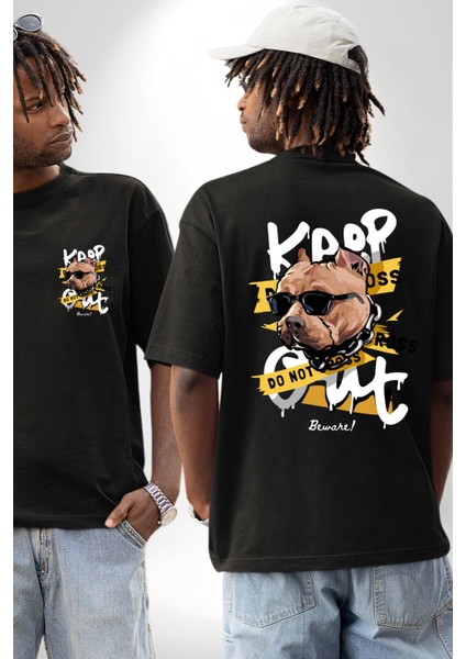 Pitbull Uzak Dur Kadın Erkek Ön Minimal Sırt Baskılı Siyah Pamuklu Tişört fırsatları