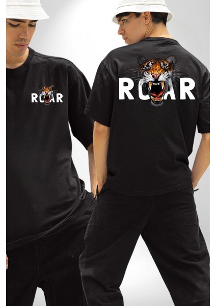Kükreyen Kaplan Roar Kadın Erkek Ön Minimal Sırt Baskılı Siyah Pamuklu Tişört