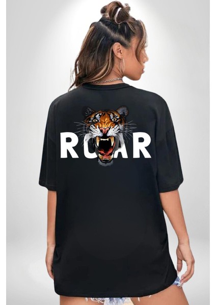 Kükreyen Kaplan Roar Kadın Erkek Ön Minimal Sırt Baskılı Siyah Pamuklu Tişört fiyatları