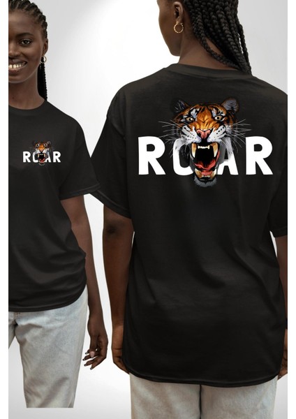 Kükreyen Kaplan Roar Kadın Erkek Ön Minimal Sırt Baskılı Siyah Pamuklu Tişört fırsatları